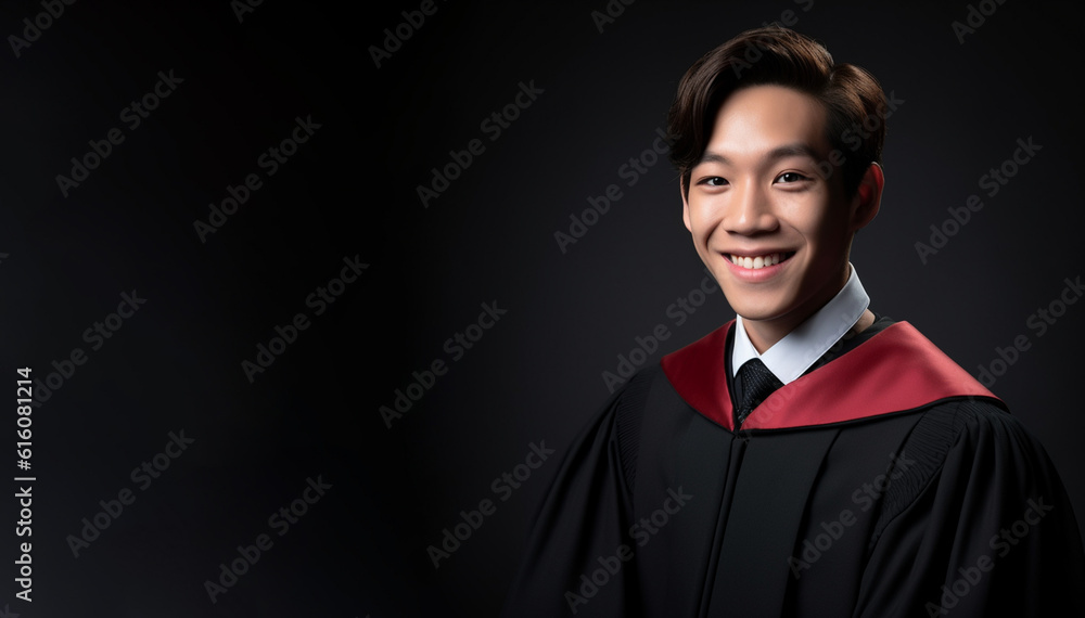 Obraz premium a smiling young men wearing a prosecutor's robe clothes in black background generative ai