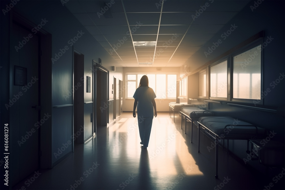 Back view of nurse walking through empty hospital corridor