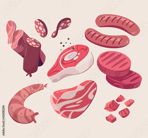 fresh meat and sausage collection set illustration