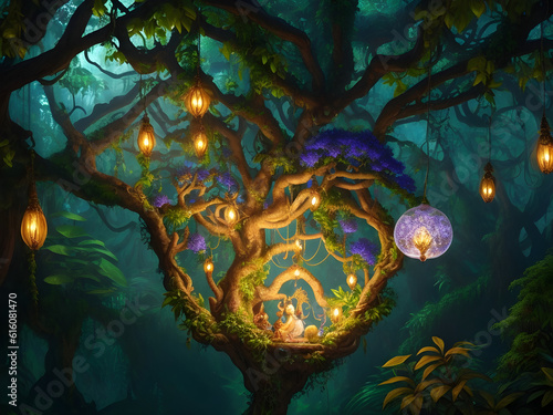 Experience the enchantment of a magical bulb illuminating a vibrant jungle in this captivating photo. Lush foliage, clear animals, and gentleness create a mesmerizing scene