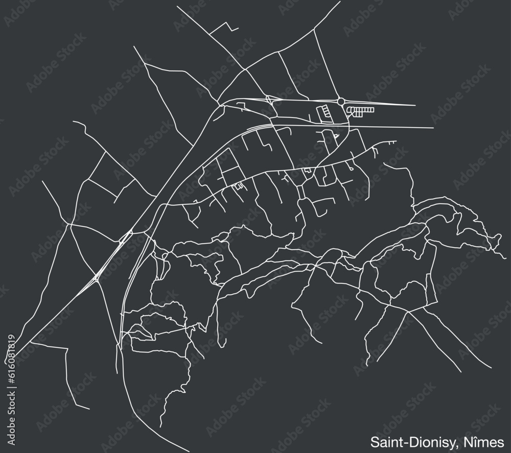 Detailed hand-drawn navigational urban street roads map of the SAINT-DIONISY COMMUNE of the French city of NÎMES, France with vivid road lines and name tag on solid background