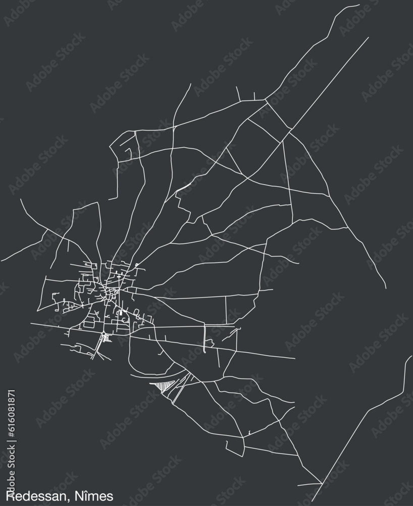 Detailed hand-drawn navigational urban street roads map of the REDESSAN COMMUNE of the French city of NÎMES, France with vivid road lines and name tag on solid background