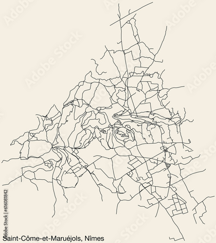 Detailed hand-drawn navigational urban street roads map of the SAINT-CÔME-ET-MARUÉJOLS COMMUNE of the French city of NÎMES, France with vivid road lines and name tag on solid background
