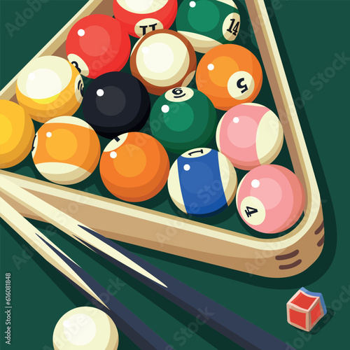 background for billiard tournament poster elements. Vector design of billiard balls on green table and triangular rack