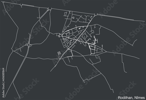 Detailed hand-drawn navigational urban street roads map of the RODILHAN COMMUNE of the French city of NÎMES, France with vivid road lines and name tag on solid background