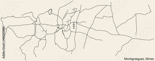 Detailed hand-drawn navigational urban street roads map of the MONTIGNARGUES COMMUNE of the French city of NÎMES, France with vivid road lines and name tag on solid background