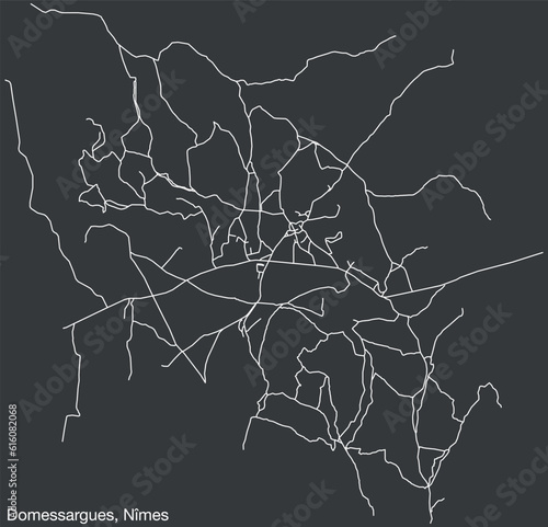 Detailed hand-drawn navigational urban street roads map of the DOMESSARGUES COMMUNE of the French city of NÎMES, France with vivid road lines and name tag on solid background