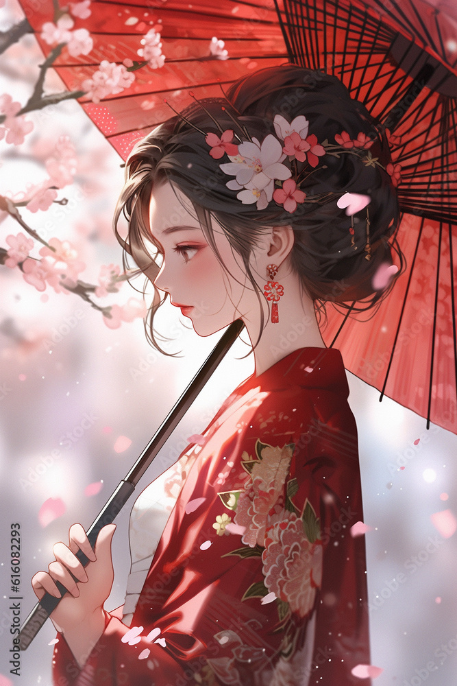 Generative ai. Geisha in kimono with umbrella spring flowers