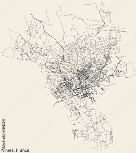 Detailed hand-drawn navigational urban street roads map of the French city of NÎMES, FRANCE with solid road lines and name tag on vintage background