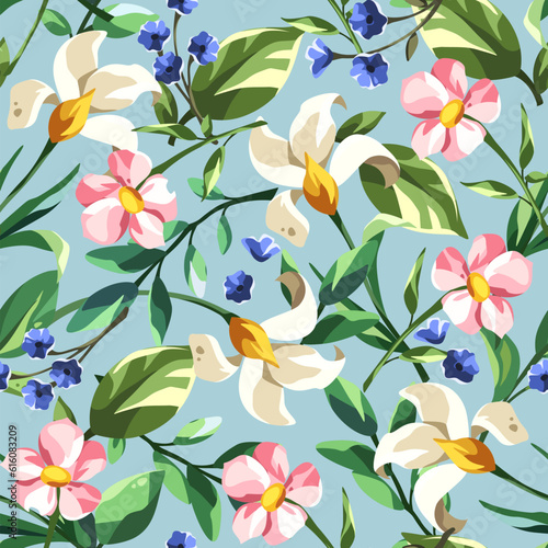 Fototapeta Naklejka Na Ścianę i Meble -  Floral pattern with pink, white, and blue flowers and green leaves on a blue background. Seamless floral print. Vector illustration