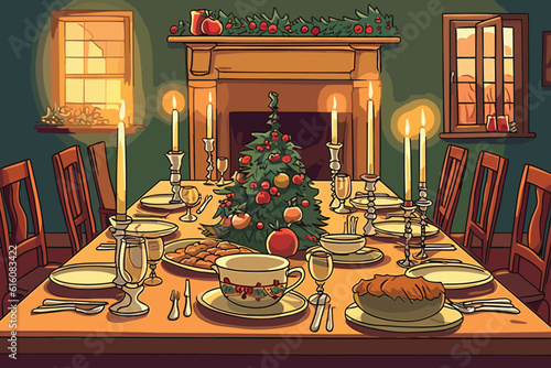 christmas table decoration A dinner table has been set up for Christmas dinner vector illustration.