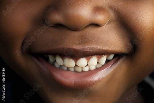Perfect black skin toddler smile with beautiful white milk tooth. Generative AI