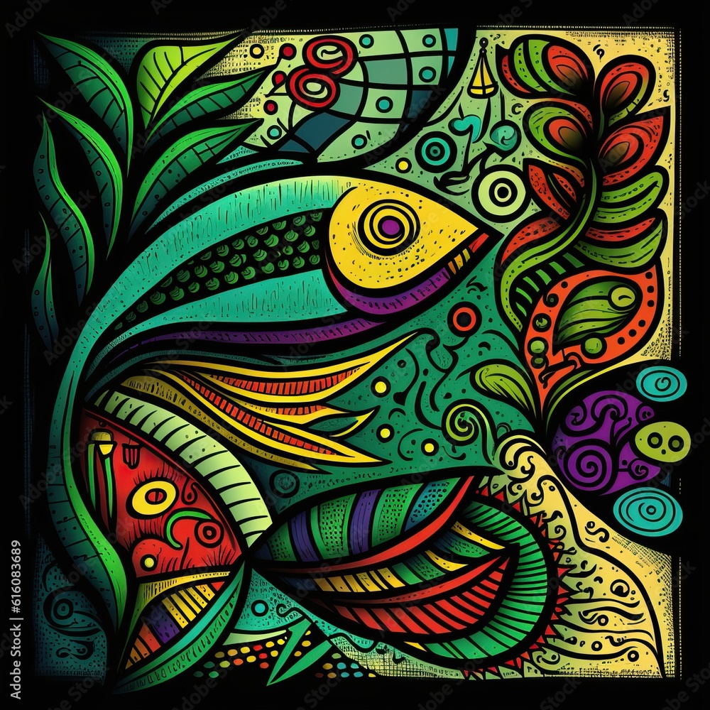 Drawing of an abstract painting with colorful patterns. Vividly bold design. Illustration with colorful fish on a colored background Generative AI