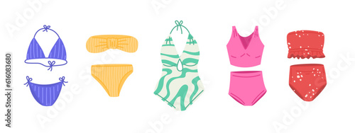 Collection of women s swimwear isolated on white background.