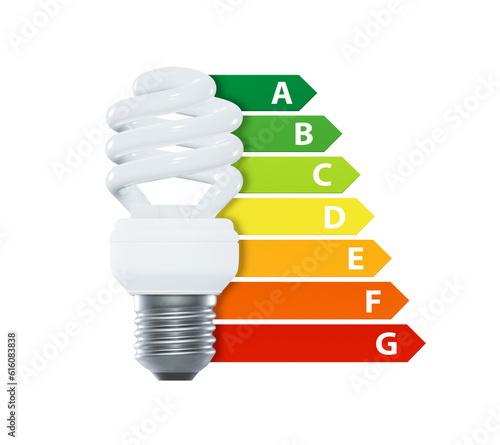 Light bulb with energy efficiency classes. European Union energy label. Isolated on transparent background. Render 3d