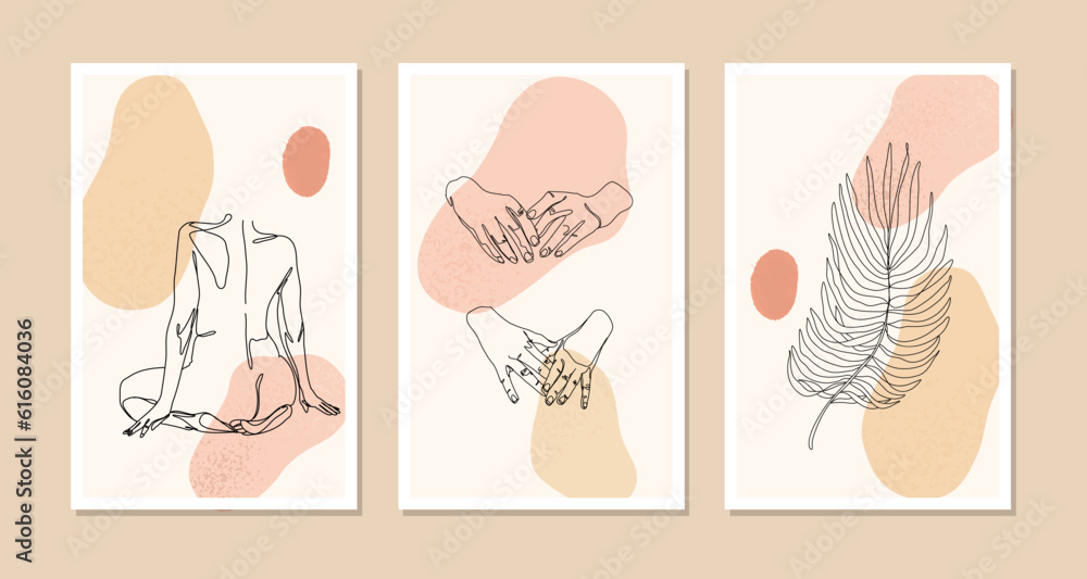 Abstract background with palm leaf, woman's body back, hands. A set of three pictures. Abstract background with palm leaf, woman's body back, hands. A set of three pictures.