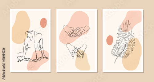 Abstract background with palm leaf, woman's body back, hands. A set of three pictures.