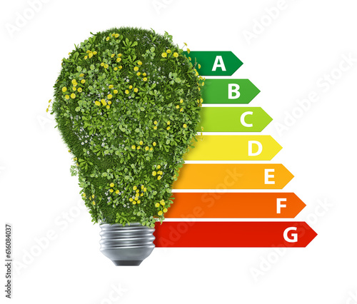 Light bulb with energy efficiency classes. European Union energy label. Isolated on transparent background. Render 3d photo