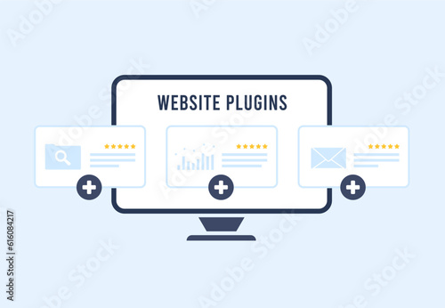 Website plugin concept - enhance ecommerce CMS with extensions. Improve digital marketing with SEO plugins and web developer extensions. Flat design vector illustration