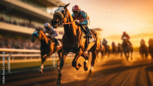 Traditional European sport. Horse jockeys racing down the track during sunset.