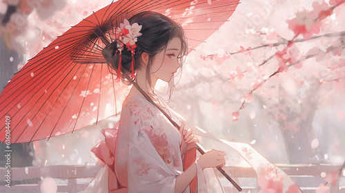 Generative ai. Geisha in kimono with umbrella spring flowers