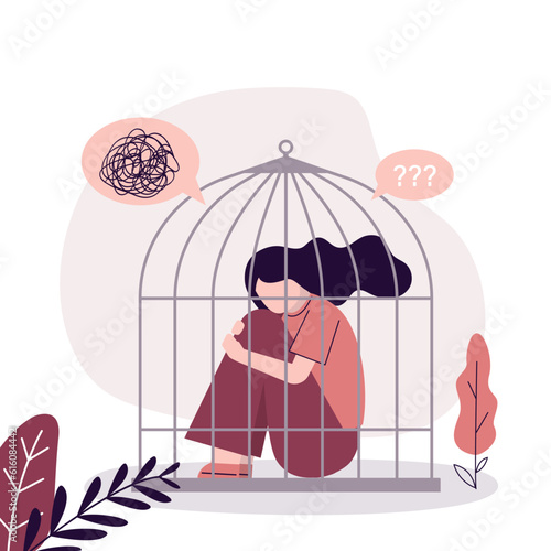 Sad woman sitting in cage due inner fears. Phobias, anxiety, panic attack. Psychology, solitude, fear or mental health problems, depression. Domestic violence, inequality.