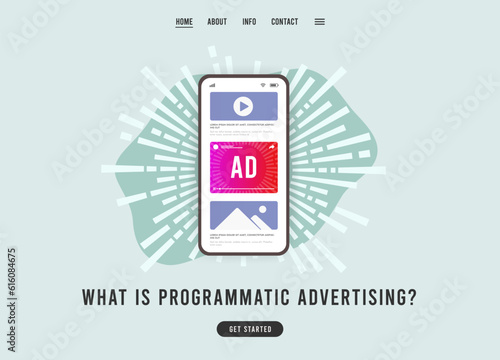 What is Programmatic Advertising website template concept. Native online advertising digital marketing strategy. Flat design vector e-commerce landing page template