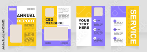 Purple and yellow blank brochure layout design. Travel agency info. Vertical poster template set with empty copy space for text. Premade corporate reports collection. Editable flyer paper pages
