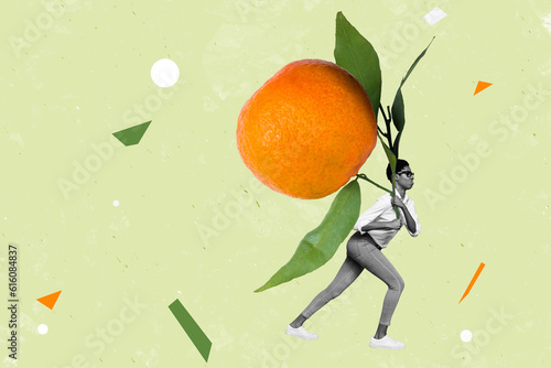 Artwork collage picture of mini black white colors person arms hold huge heavy orange fruit ripe isolated on green background photo