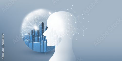 3D Machine Learning, Artificial Intelligence and Neural Networking Design Concept with Human or Robot Head Silhouette, City in a Globe, Global Neural Network, Mesh, Connections to the Brain Center