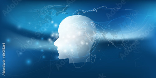 AI Assistant, Chat Bot, Machine Learning, Artificial Intelligence and Networks Design Concept - Futuristic Gradient Background with Lights, Robot Head, Cluster of Glowing Network Nodes and World Map