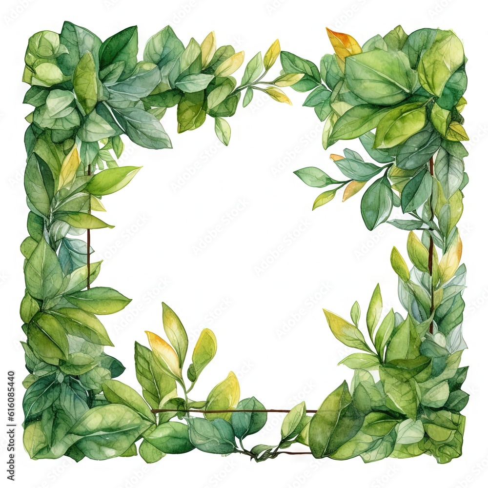 Fototapeta premium Watercolor decorative frame. Abstract background. Invitation, advertisement, thanks. Ornamental leaves. Generative AI.