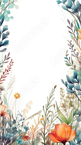 Watercolor decorative frame. Abstract background. Invitation, advertisement, thanks. Ornamental leaves. Generative AI.