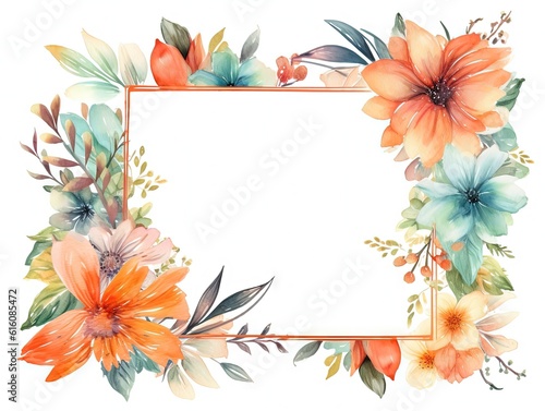 Watercolor decorative frame. Abstract background. Invitation  advertisement  thanks. Ornamental leaves. Generative AI.