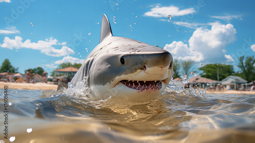 A creepy shark emerged from the water near the beach with people opening its toothy mouth. Sunny weather. Generative Ai
