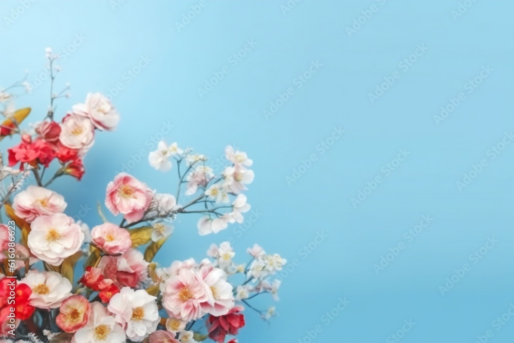 Fototapeta premium Small beautiful flowers blossom on pastel background with copy space. Floral pattern layout with a lots of place for adding text Generative AI