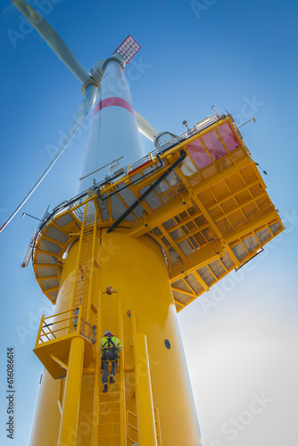 Climbing offshore wind turbine technician