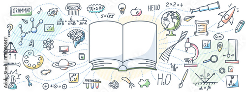 Book with hand drawn school subjects doodle on white background. Education concept.