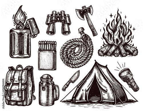 sketches collection of camping objects. Tent, campfire, flashlight, match box, knife, backpack, lighter, axe, binoculars, rope, thermos