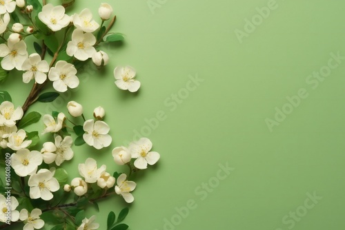 Small beautiful flowers blossom on pastel background with copy space. Floral pattern layout with a lots of place for adding text Generative AI