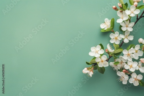 Small beautiful flowers blossom on pastel background with copy space. Floral pattern layout with a lots of place for adding text Generative AI