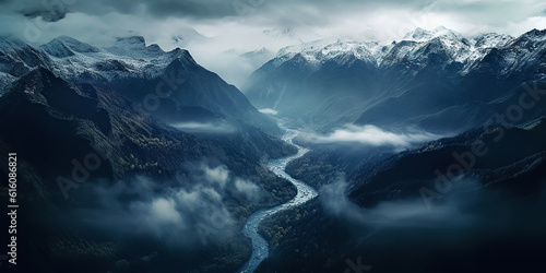 Dramatic snow-capped mountains landscape. Clouds and fog covers stone slopes. Generative AI © AngrySun