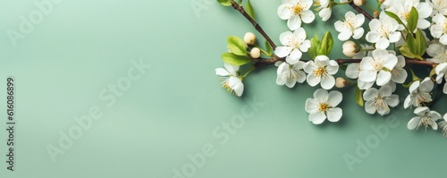 Small beautiful flowers blossom on pastel background with copy space. Floral pattern layout with a lots of place for adding text Generative AI