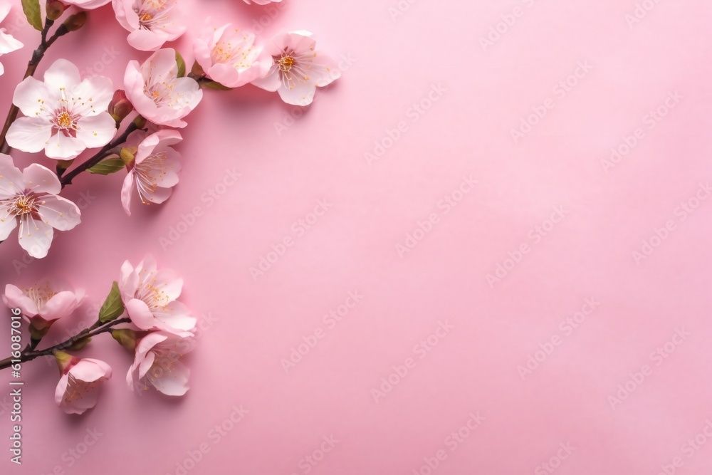 Small beautiful flowers blossom on pastel background with copy space. Floral pattern layout with a lots of place for adding text Generative AI