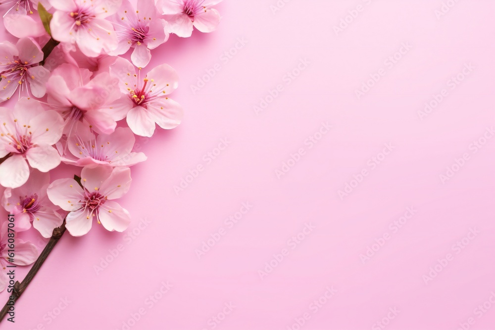 Small beautiful flowers blossom on pastel background with copy space. Floral pattern layout with a lots of place for adding text Generative AI