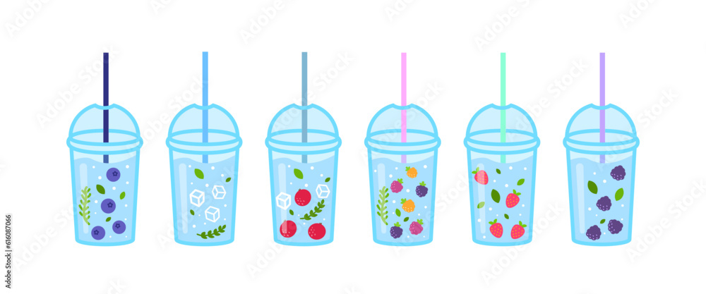 Set of Water Bottles with different berries and leaves. Disposable cup with straw. Isolated on whtie background. Set of Water Bottles with different berries and leaves. Disposable cup with straw. Isolated on whtie background.