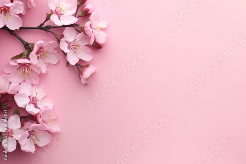 Small beautiful flowers blossom on pastel background with copy space. Floral pattern layout with a lots of place for adding text Generative AI