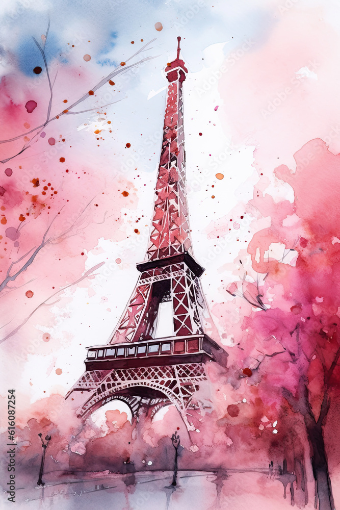 watercolor drawing of the famous tower surrounded by pink flowers. Landmark of the city. Vertical Generative AI illustration.