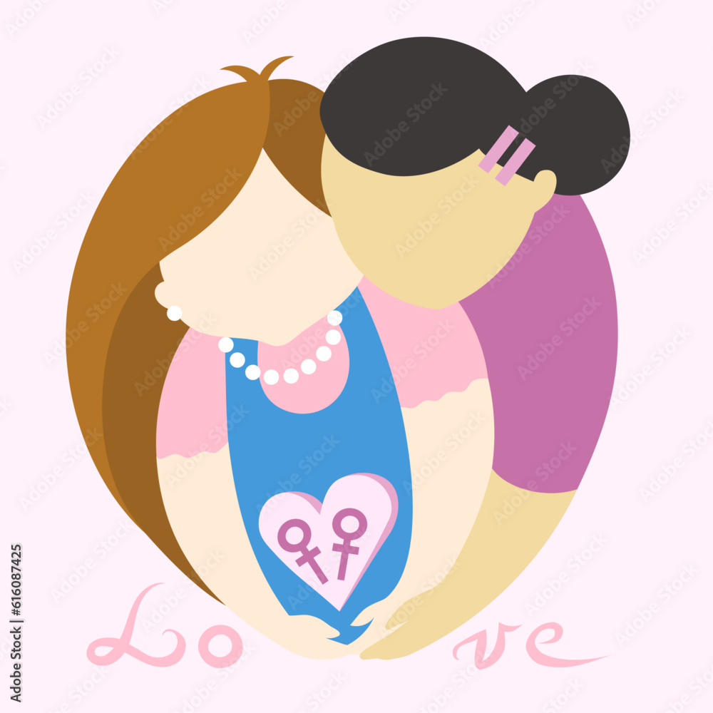 Lesbian girls in love holding female signs in heart on pink background - simple vector illustration. LGBT pride Gay and Lesbian concept Lesbian girls in love holding female signs in heart on pink background - simple vector illustration. LGBT pride Gay and Lesbian concept