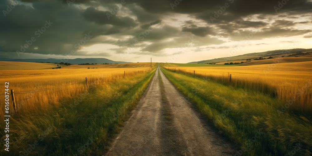 Beautiful grassland road. Minimalistic highway in countryside. Generative AI Beautiful grassland road. Minimalistic highway in countryside. Generative AI